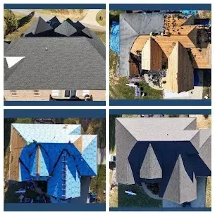 Four overhead views of house roofs, showing different stages of roof replacement with shingles.