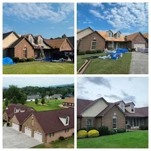 Four images showing houses, including roofing work and a finished roof.