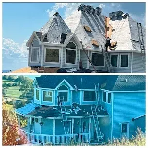 Two images showing a house being renovated with workers on the roof.