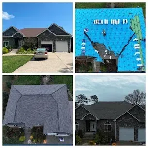 Collage: house exterior, roof being repaired, finished roof, and house exterior.