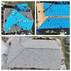Overhead view of a roof being repaired. Blue tarp covers parts, with workers. Finished roof in gray shingles.