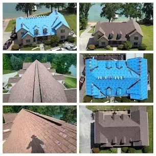 Collage of six aerial views of houses with roofs; some blue tarped, some brown shingles.