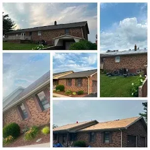 Collage of brick buildings with dark roofs and green lawns under blue skies.