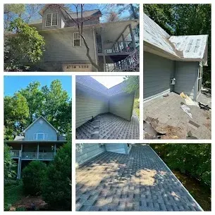 Collage: Exterior view of a two-story house with new roofing; light blue siding; trees.