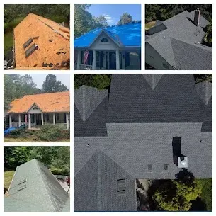 Collage of house roofs, showing stages of repair and replacement, including tarps and new shingles.