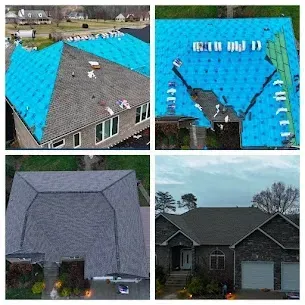 Roofing project: new blue underlayment being applied, final dark gray shingle roof.