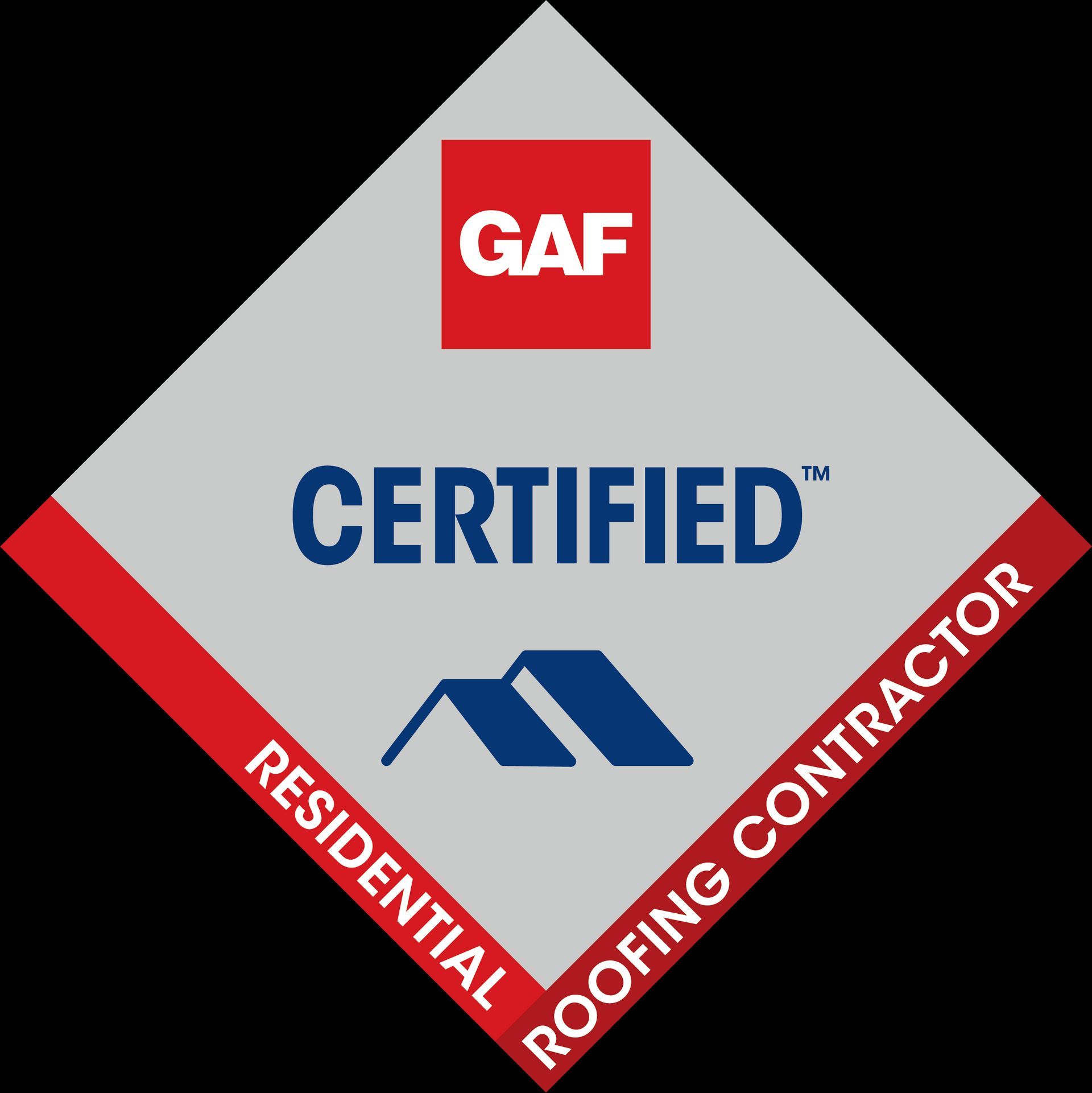 GAF Certified Residential Roofing Contractor logo: red, white, and gray diamond with text and a roof icon.