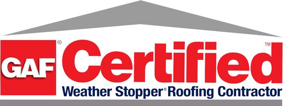 GAF Certified Weather Stopper Roofing Contractor logo with red and gray elements.