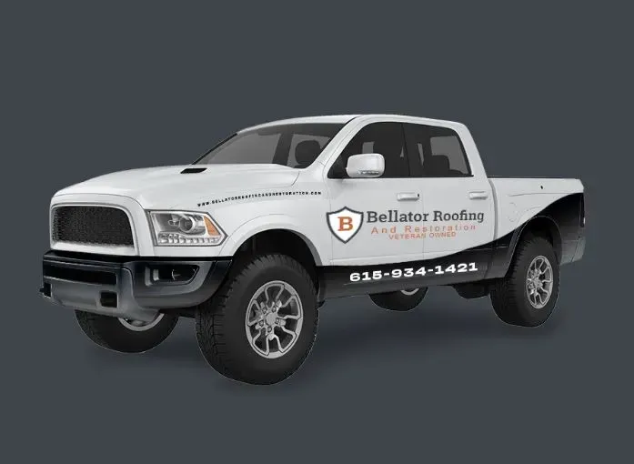 White Bellator Roofing truck with logo on side.