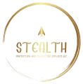 Gold logo: "Stealth" text with arrow symbol inside a gold circle; "Protection and Consulting Services LLC" below.