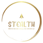 Gold logo: "Stealth" text with arrow symbol inside a gold circle; "Protection and Consulting Services LLC" below.
