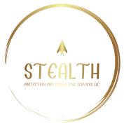 Gold logo: "Stealth" text with arrow symbol inside a gold circle; "Protection and Consulting Services LLC" below.