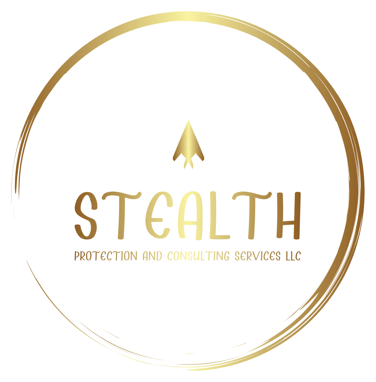 Gold logo: "Stealth" text with arrow symbol inside a gold circle; "Protection and Consulting Services LLC" below.