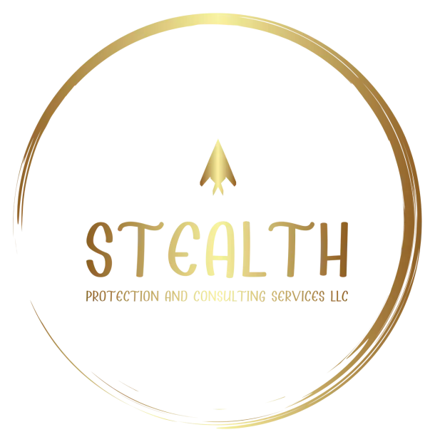 Gold logo: "Stealth" text with arrow symbol inside a gold circle; "Protection and Consulting Services LLC" below.