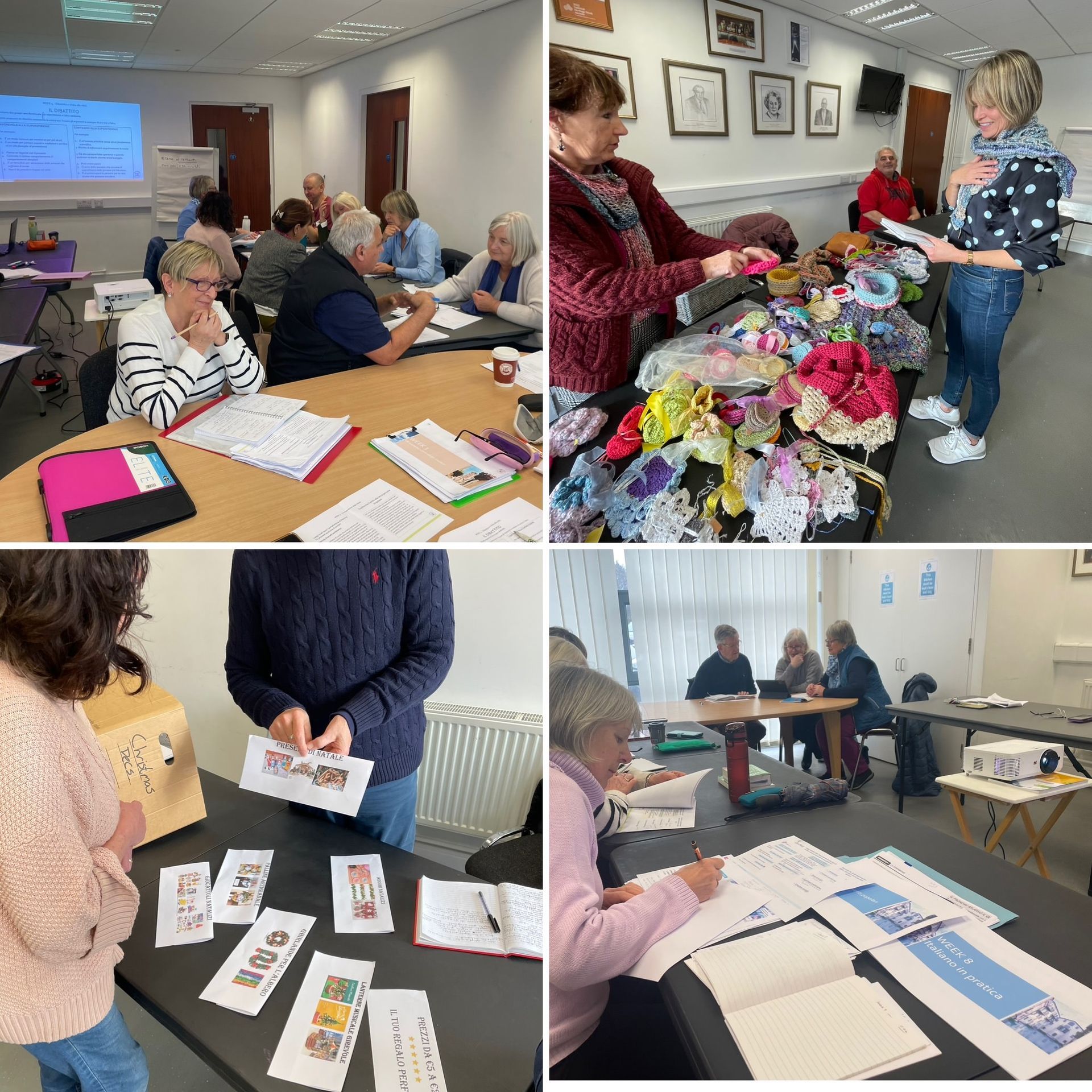 Four photos: people in a room, possibly a workshop. They are seated at tables working on various crafts and writing.