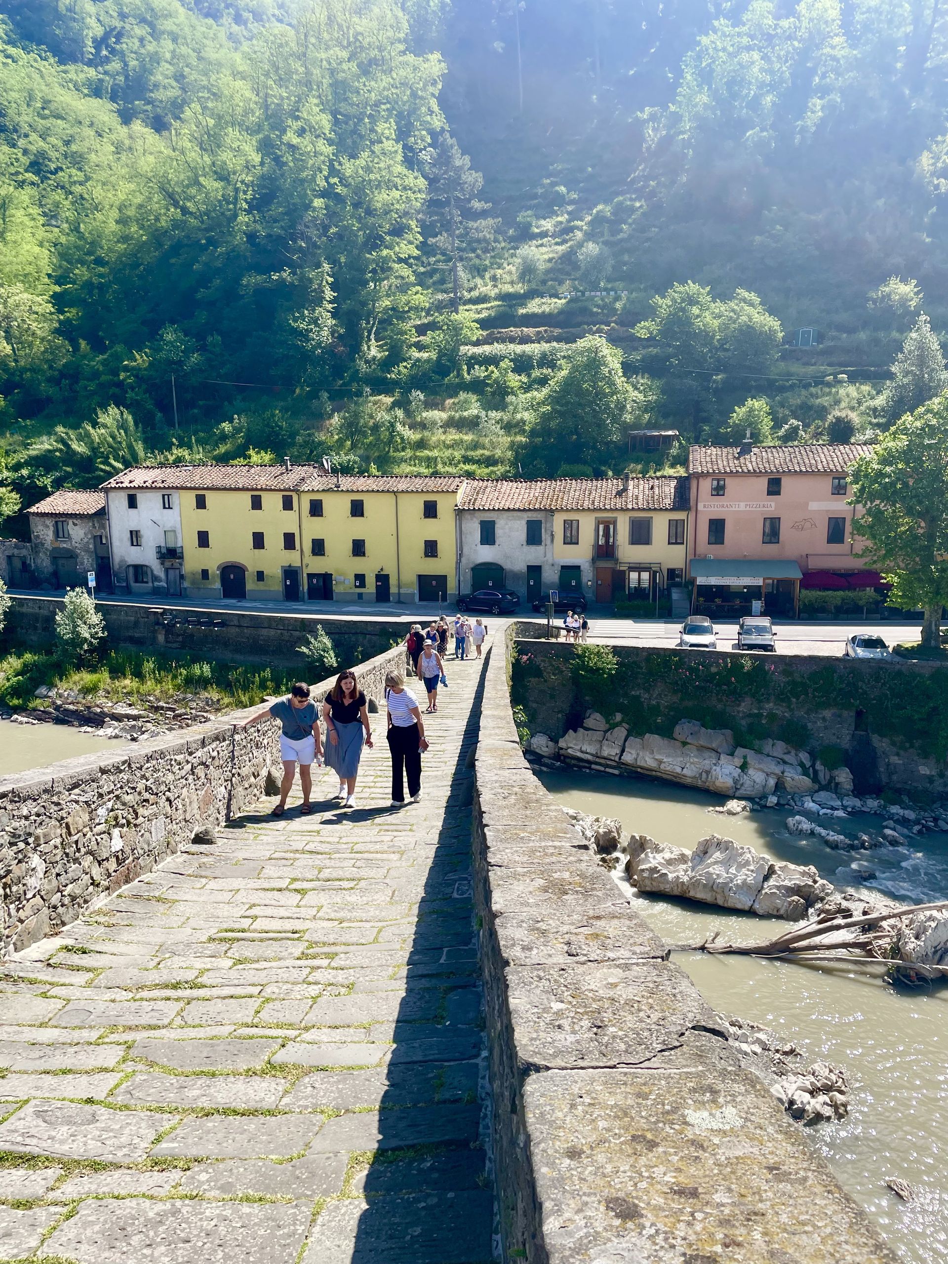 A group of people are walking across a bridge over a river.