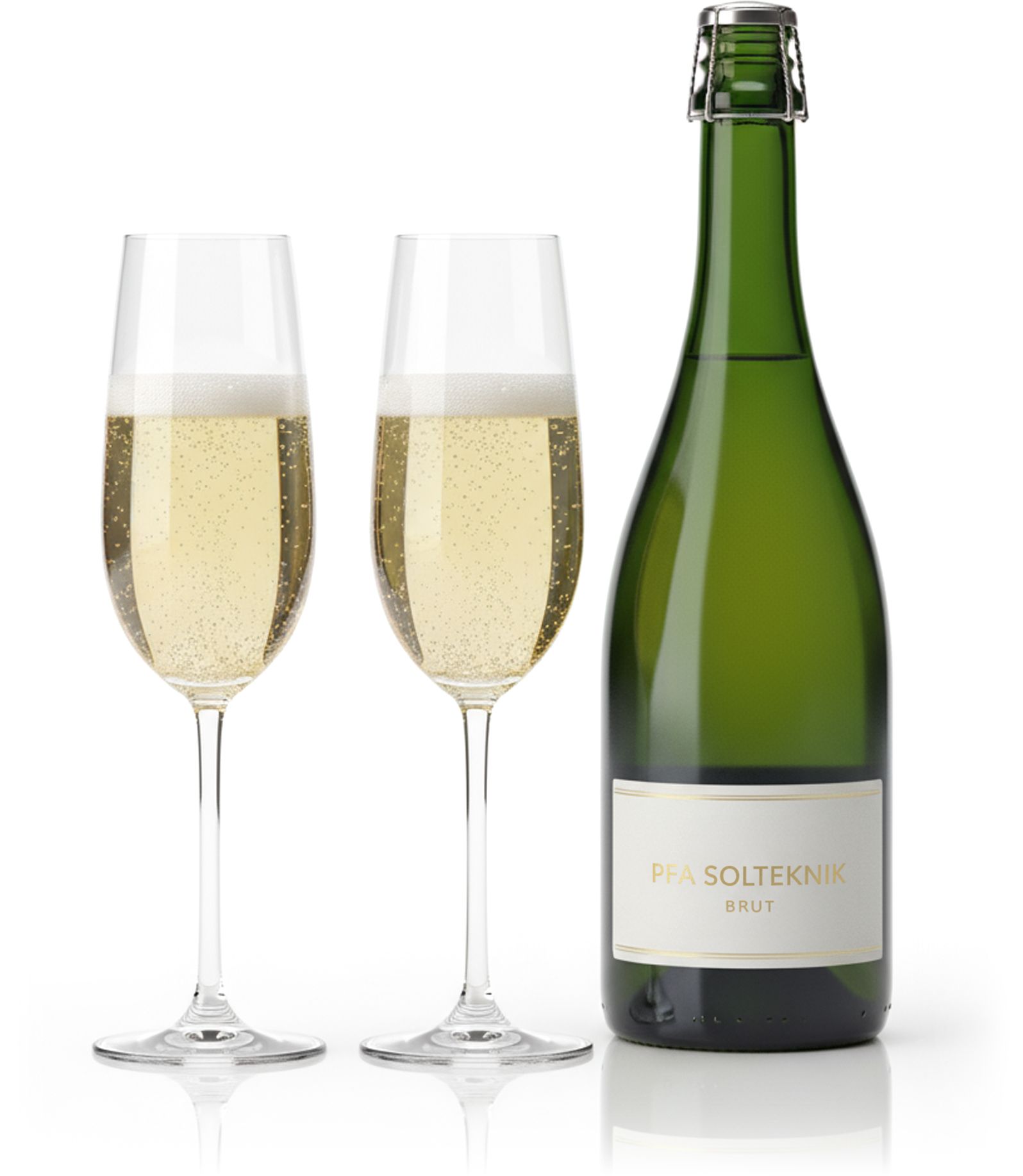 Two champagne flutes filled with bubbly next to a green bottle.