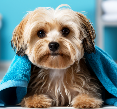 Cachorro de porte pequeno, com os pelos marrons, coberto com uma toalha após tomar um banho.