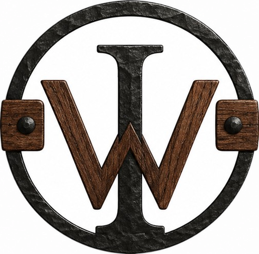 Rustic wooden and black metal letter W logo inside a circular frame