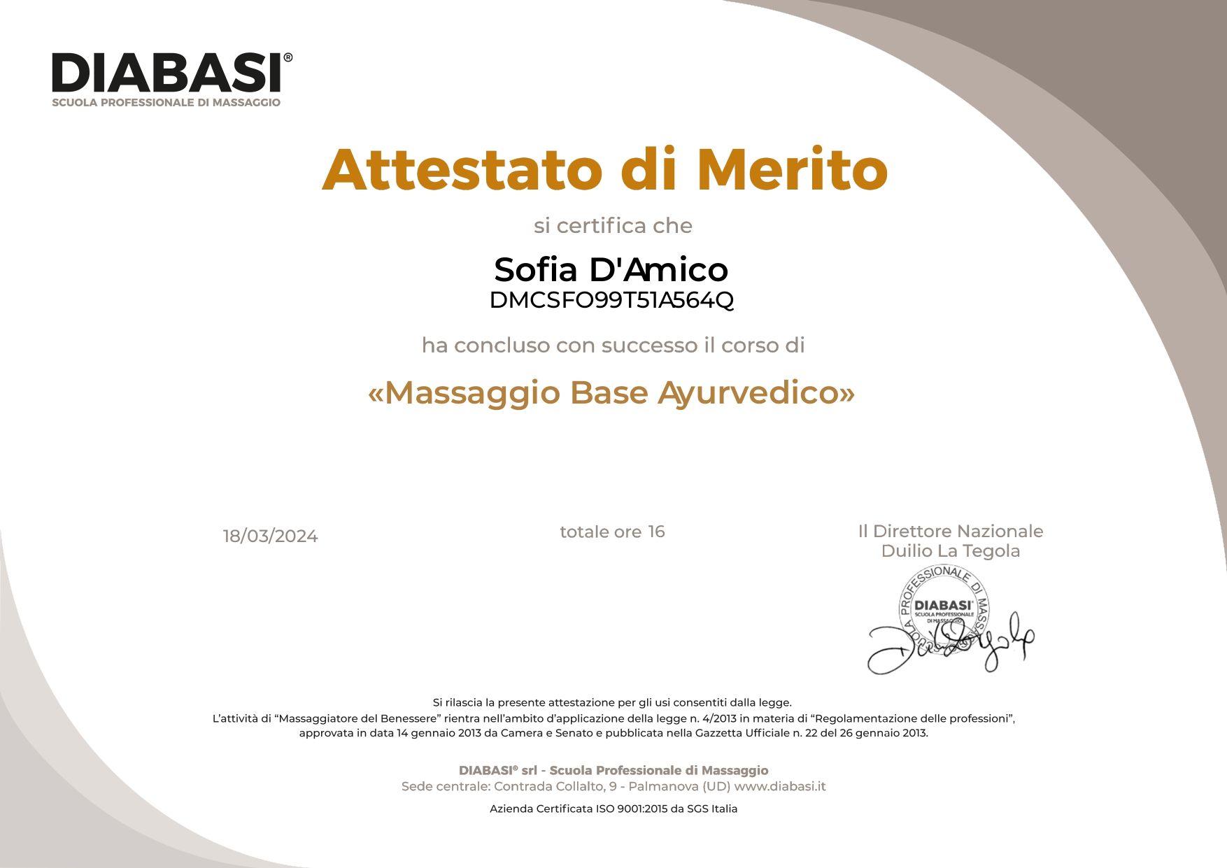 A certificate that says attestato di merito on it