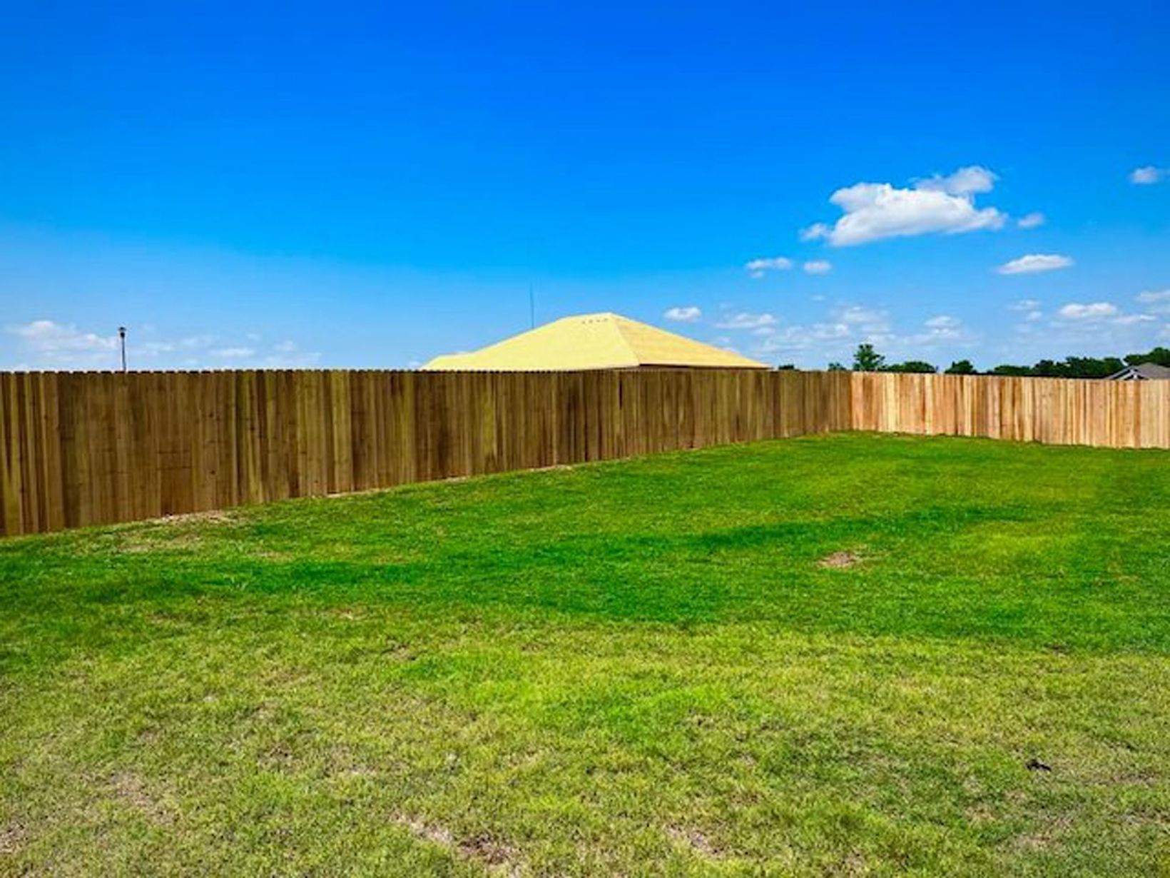 Grassy backyard with a wooden fence under a bright blue sky and clouds