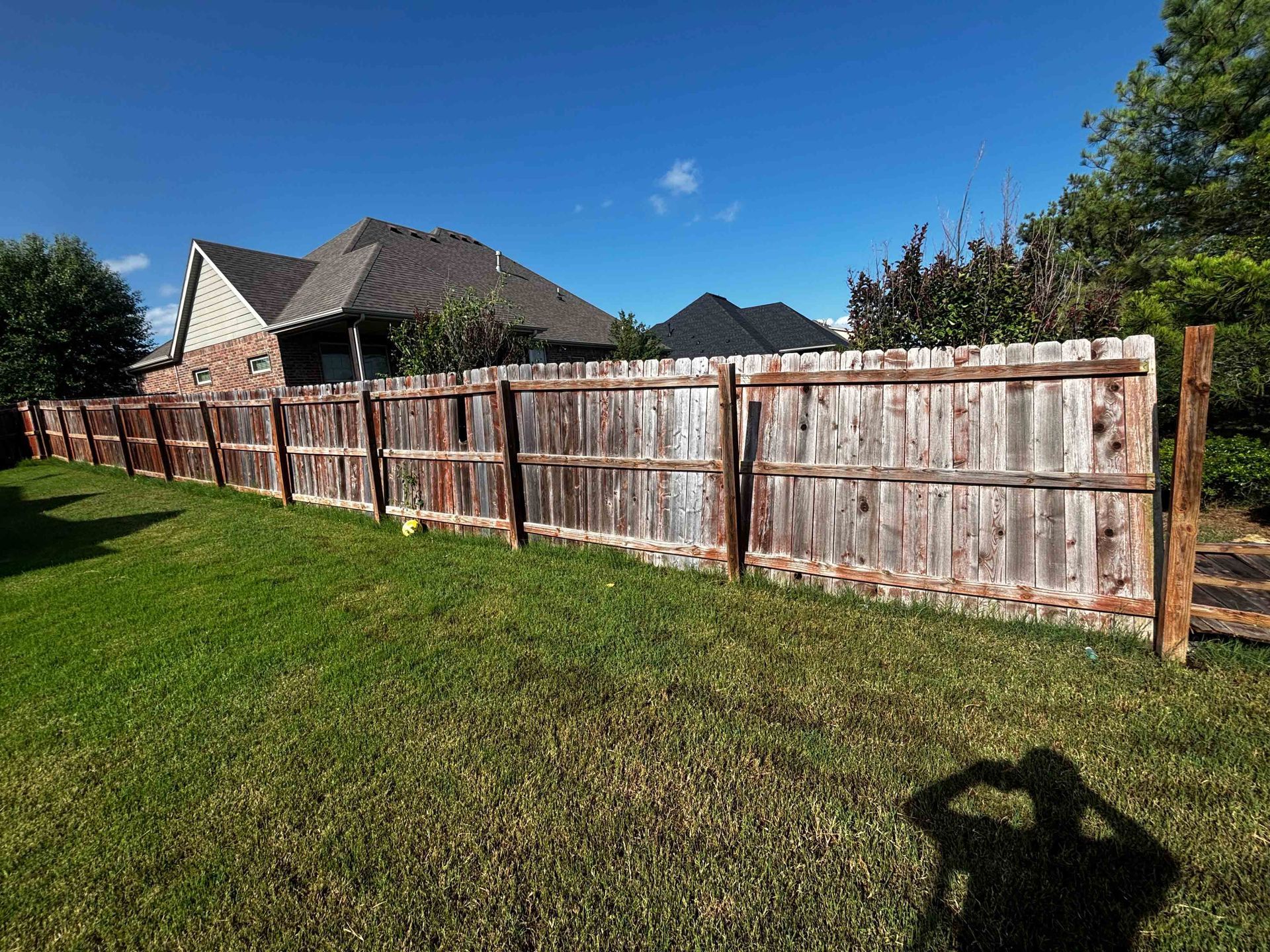 Weathered wooden fence in a sunny backyard with green grass and blue sky