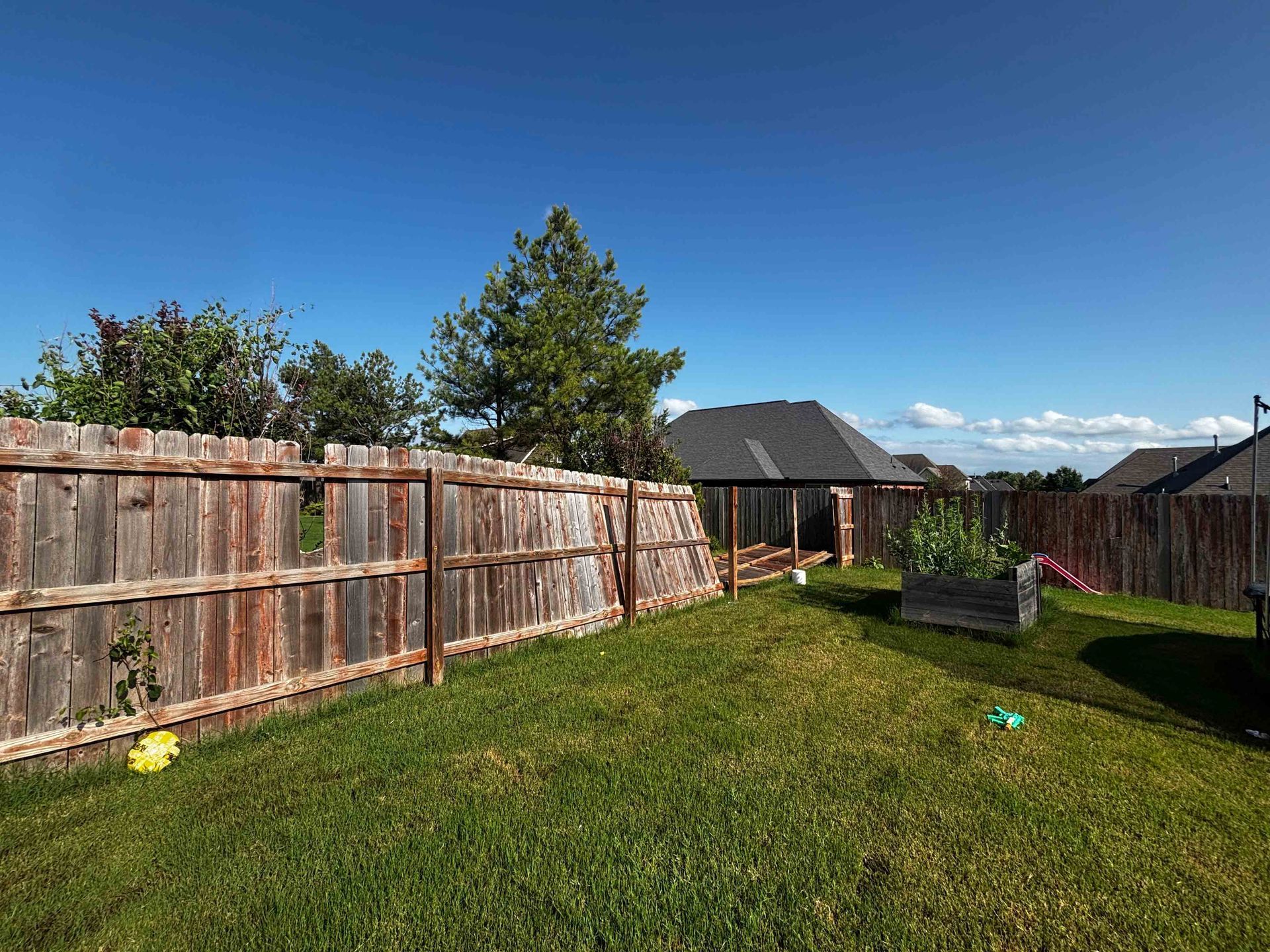 Sunny backyard with wooden fence, green lawn, and a small raised garden bed under a blue sky