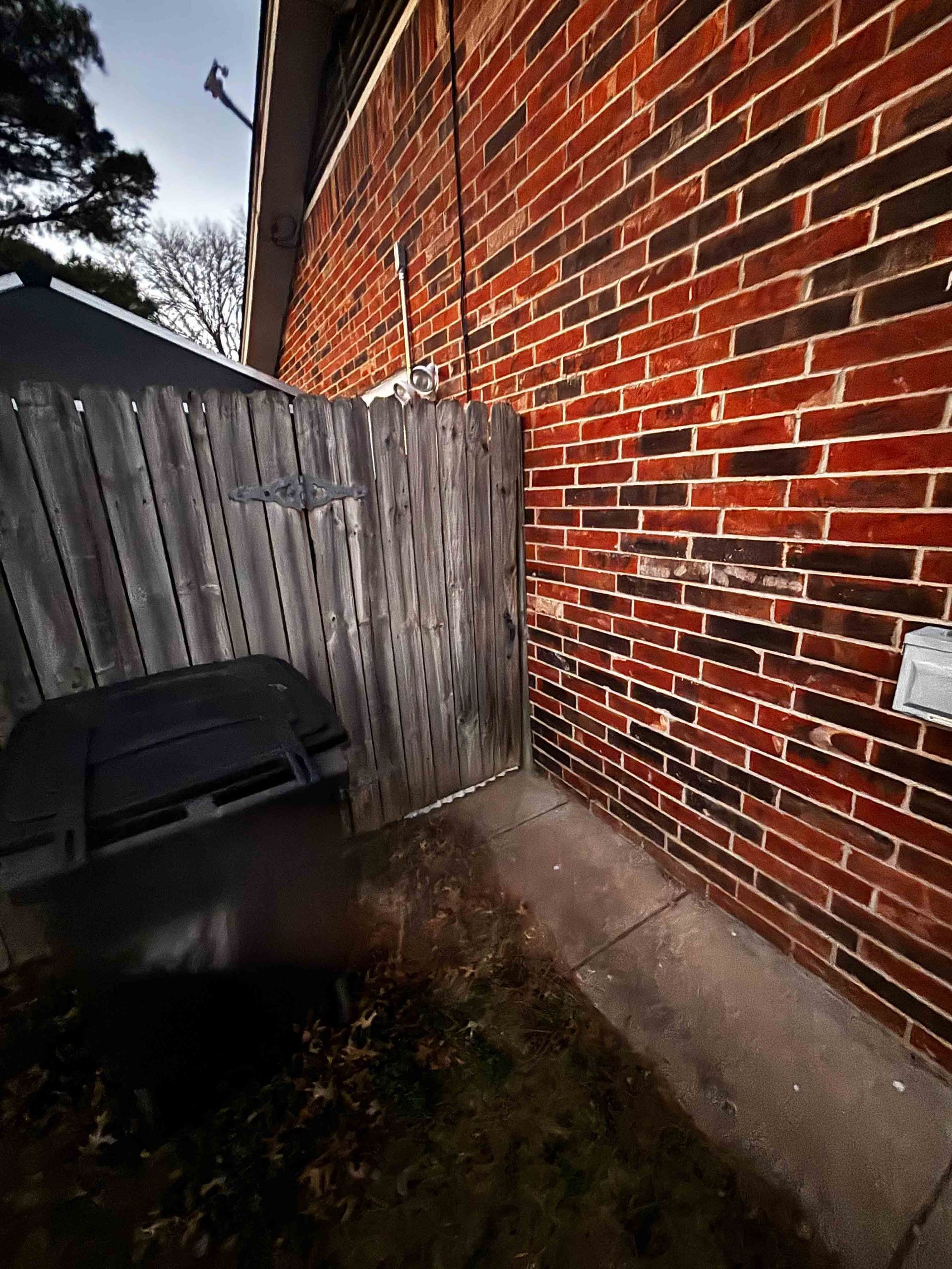 Narrow side yard with a wooden fence, brick wall, and black grill in shadow.