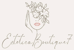 Disegno a tratteggio di una donna con fiori, mano sul viso; sotto si legge "Estetica Boutique 7".