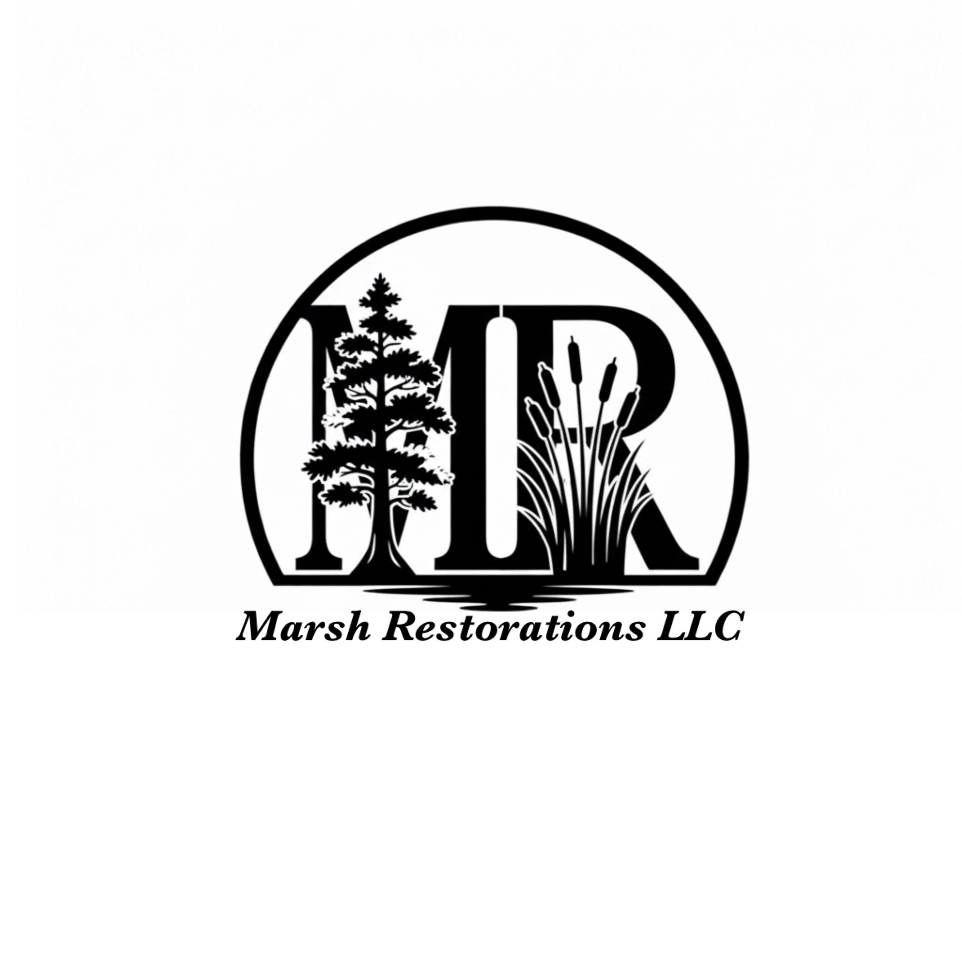 Logo for Marsh Restorations LLC, featuring stylized "MR" with tree and cattails inside a circle.