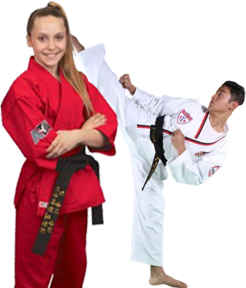 A woman in a red karate uniform is standing next to a man in a white karate uniform