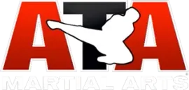 A logo for ata martial arts with a silhouette of a person doing a kick.