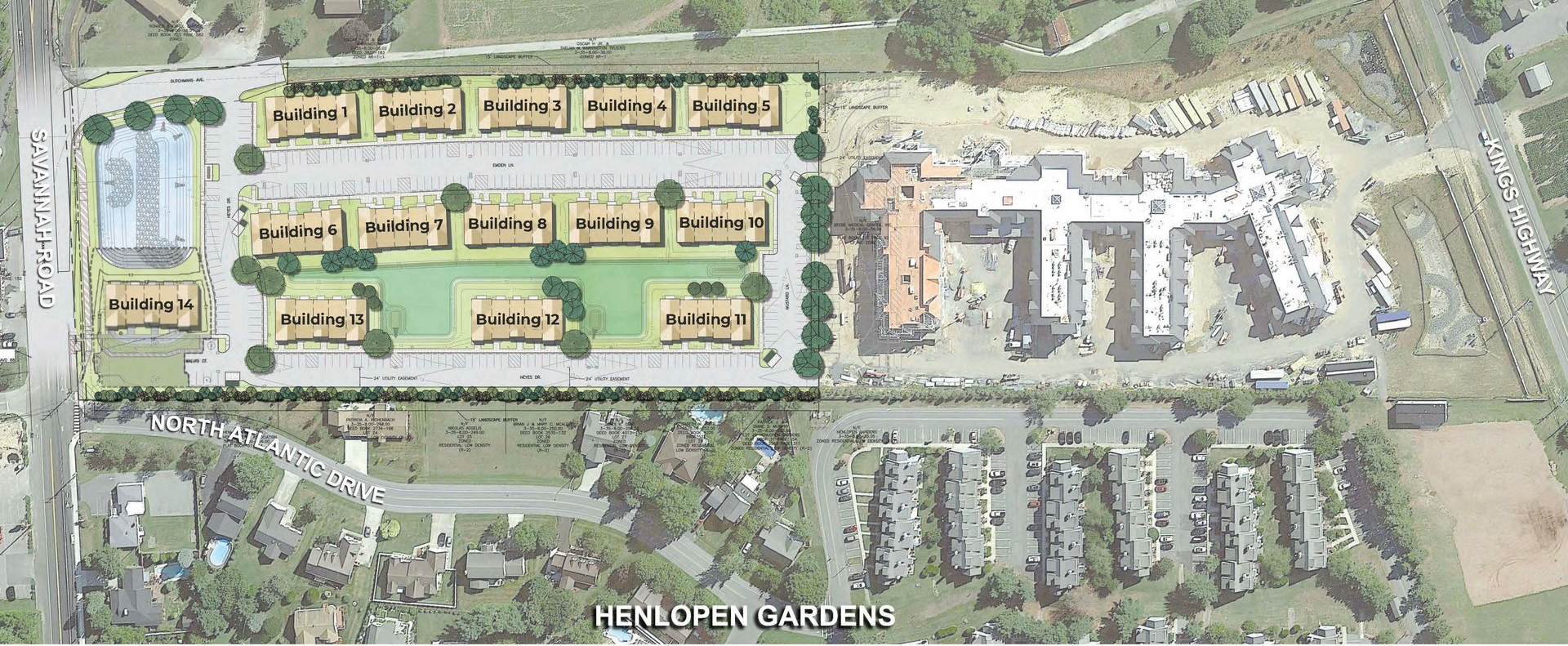 A map of a residential area with a pool in the middle