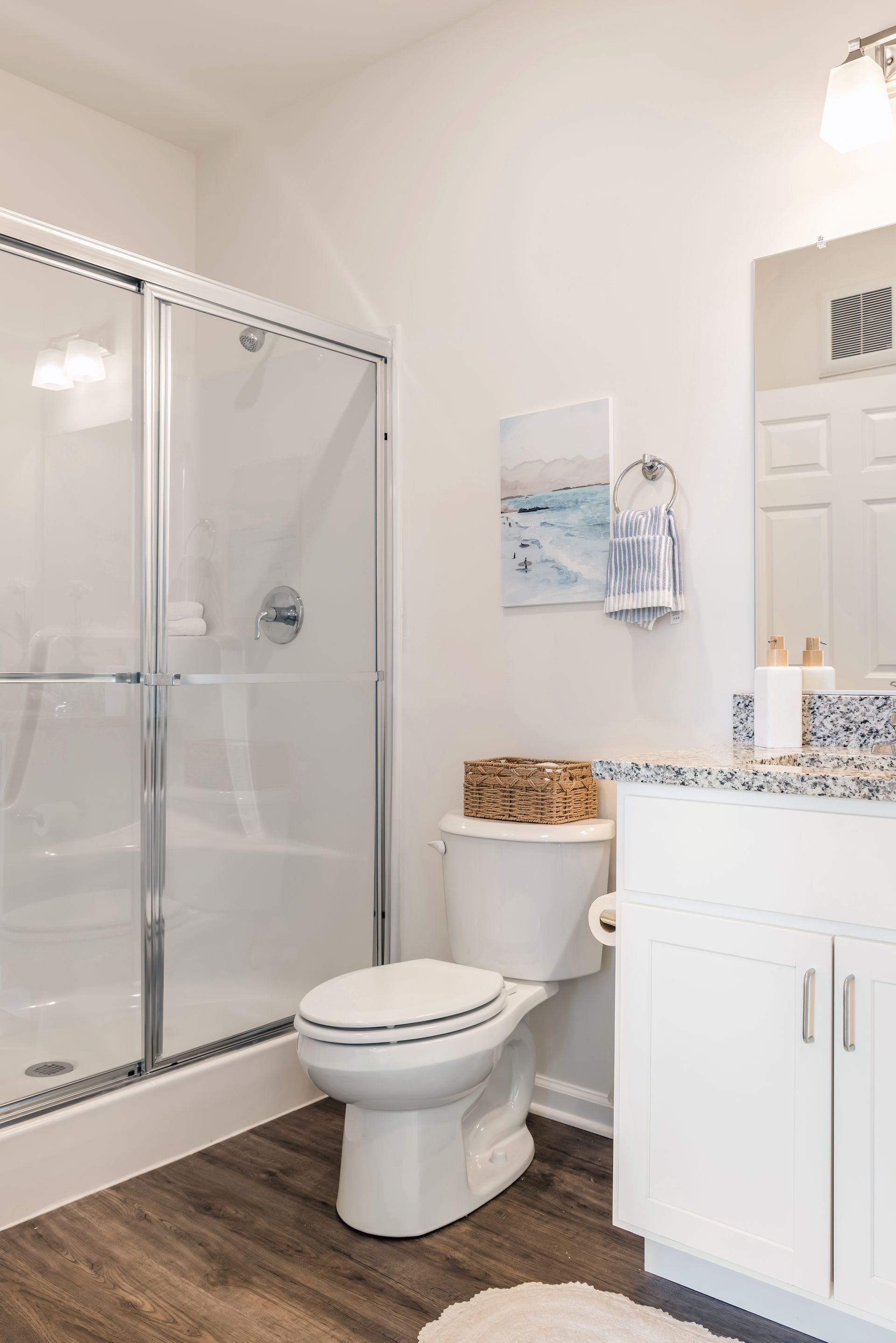 Bathroom with a white toilet, shower, and vanity. Features blue accents, light wood-look floor, and white walls.
