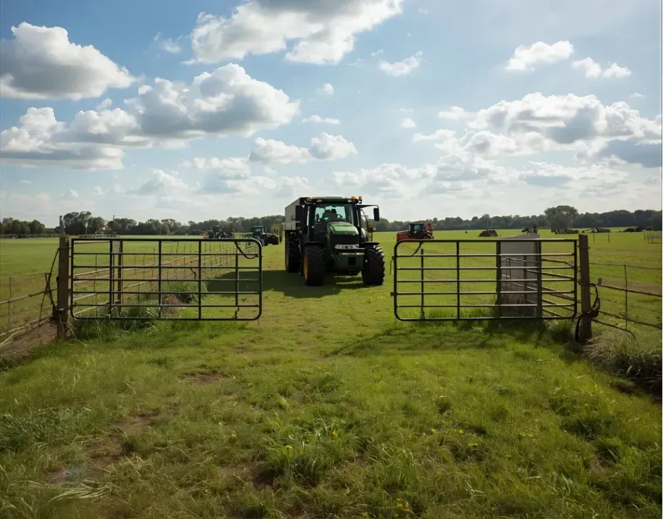 Tractor in a green field, approaching an open gate on a sunny, cloudy day.