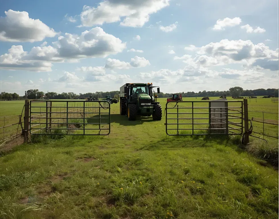 Tractor in a green field, approaching an open gate on a sunny, cloudy day.