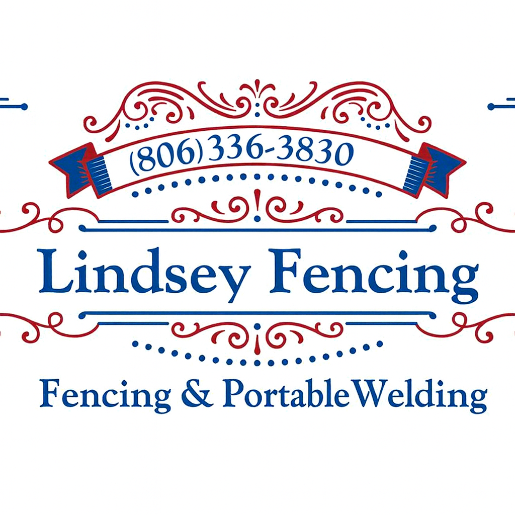 Logo for Lindsey Fencing, blue and red design with phone number (806) 336-3830, offering fencing and portable welding services.