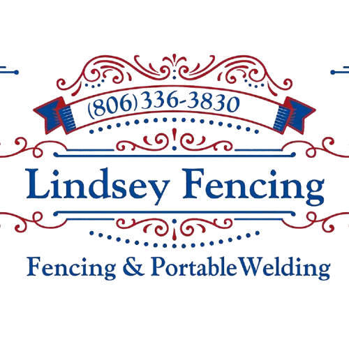 Logo for Lindsey Fencing, with phone number, featuring red and blue scrollwork. Services: fencing & portable welding.