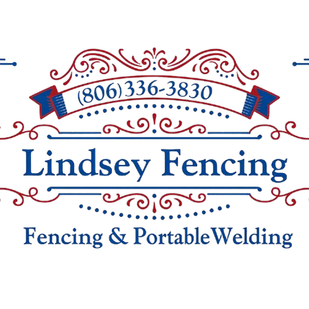 Logo for Lindsey Fencing, with phone number, featuring red and blue scrollwork. Services: fencing & portable welding.