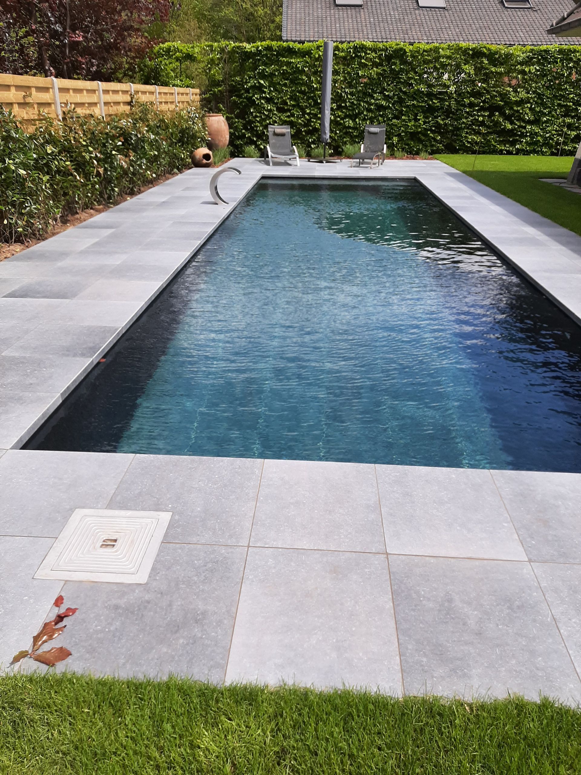 Modern rechthoekig buitenzwembad met blauw water, een grijs stenen terras en een tuin met heggen als achtergrond.