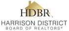 Logo of Harrison District Board of Realtors, gold house icon above black text, a gold key graphic to the right.