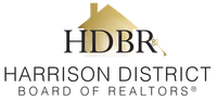 Logo of Harrison District Board of Realtors, gold house icon above black text, a gold key graphic to the right.