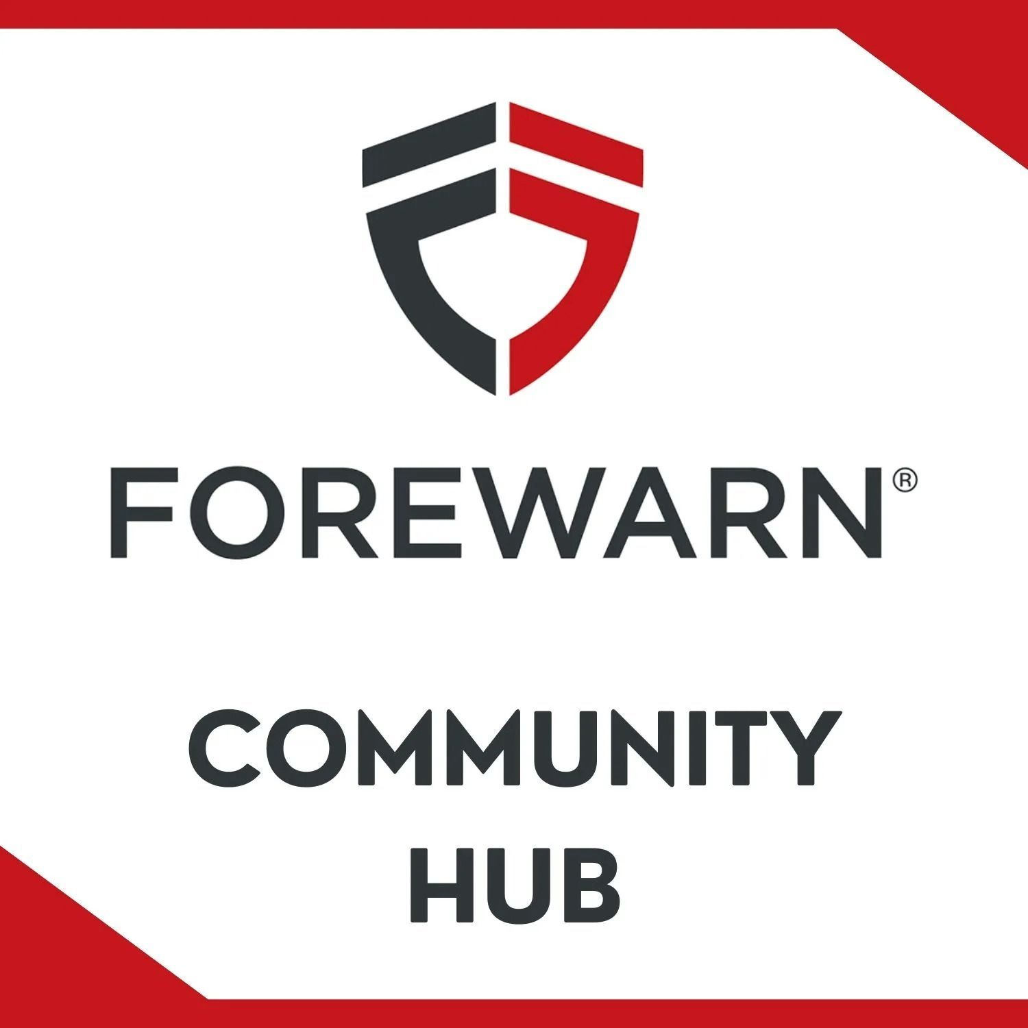 Forewarn Community Hub logo: Shield symbol with red and black design, text below reads 