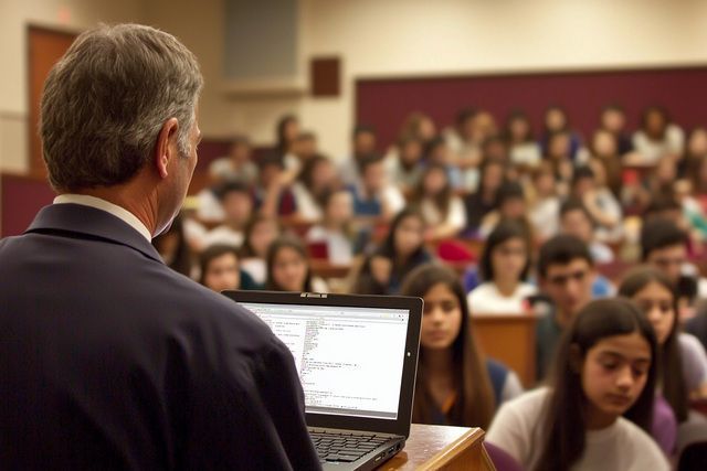 Professor lecturing in a lecture hall with a laptop, facing a blurred audience.