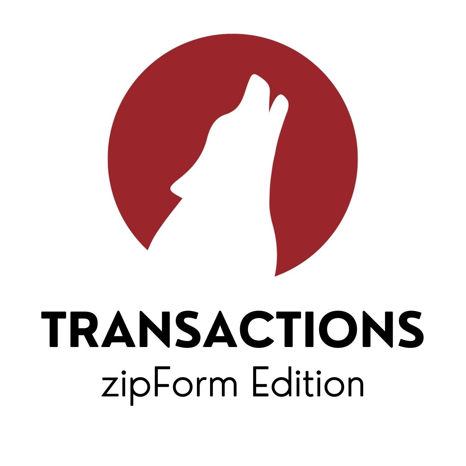 Logo for Transactions by zipForm Edition: A howling wolf silhouette inside a red circle, with
