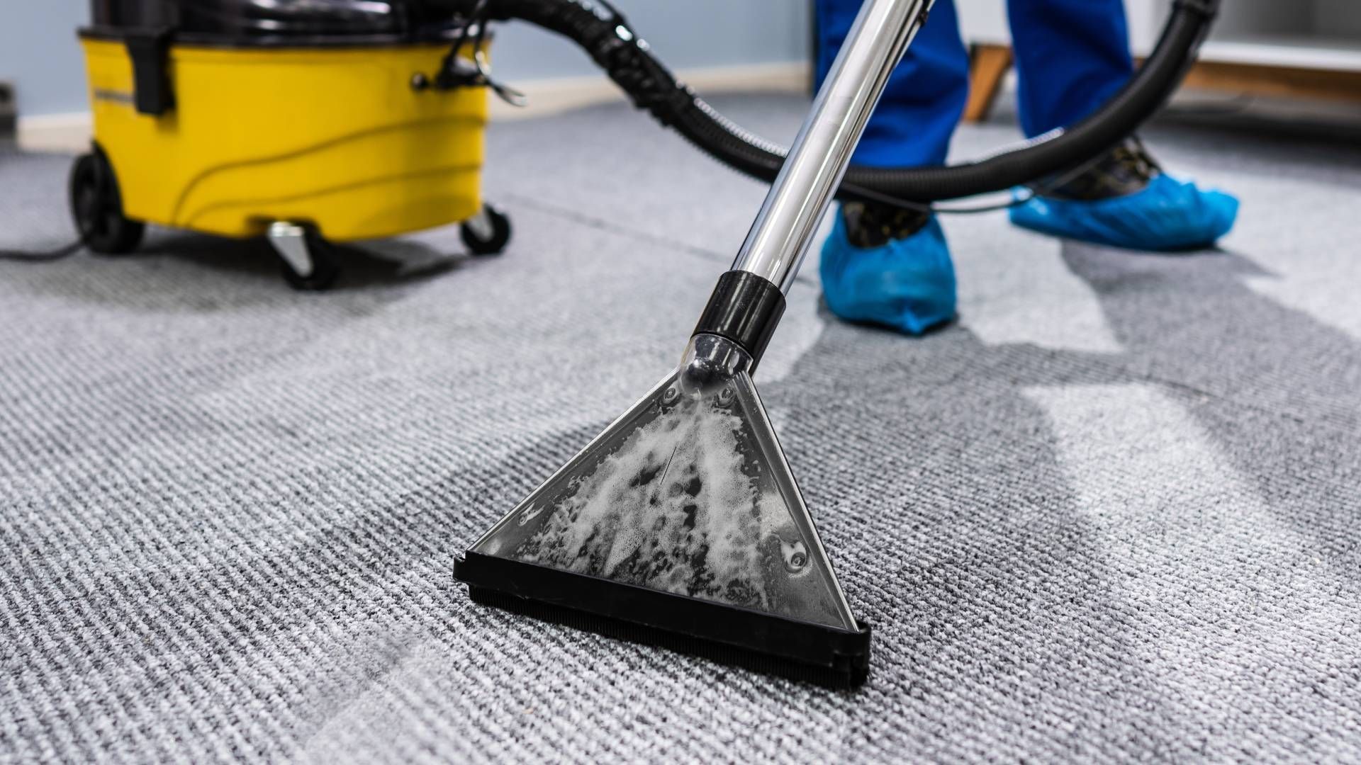 A person is using a vacuum cleaner to clean a carpet.