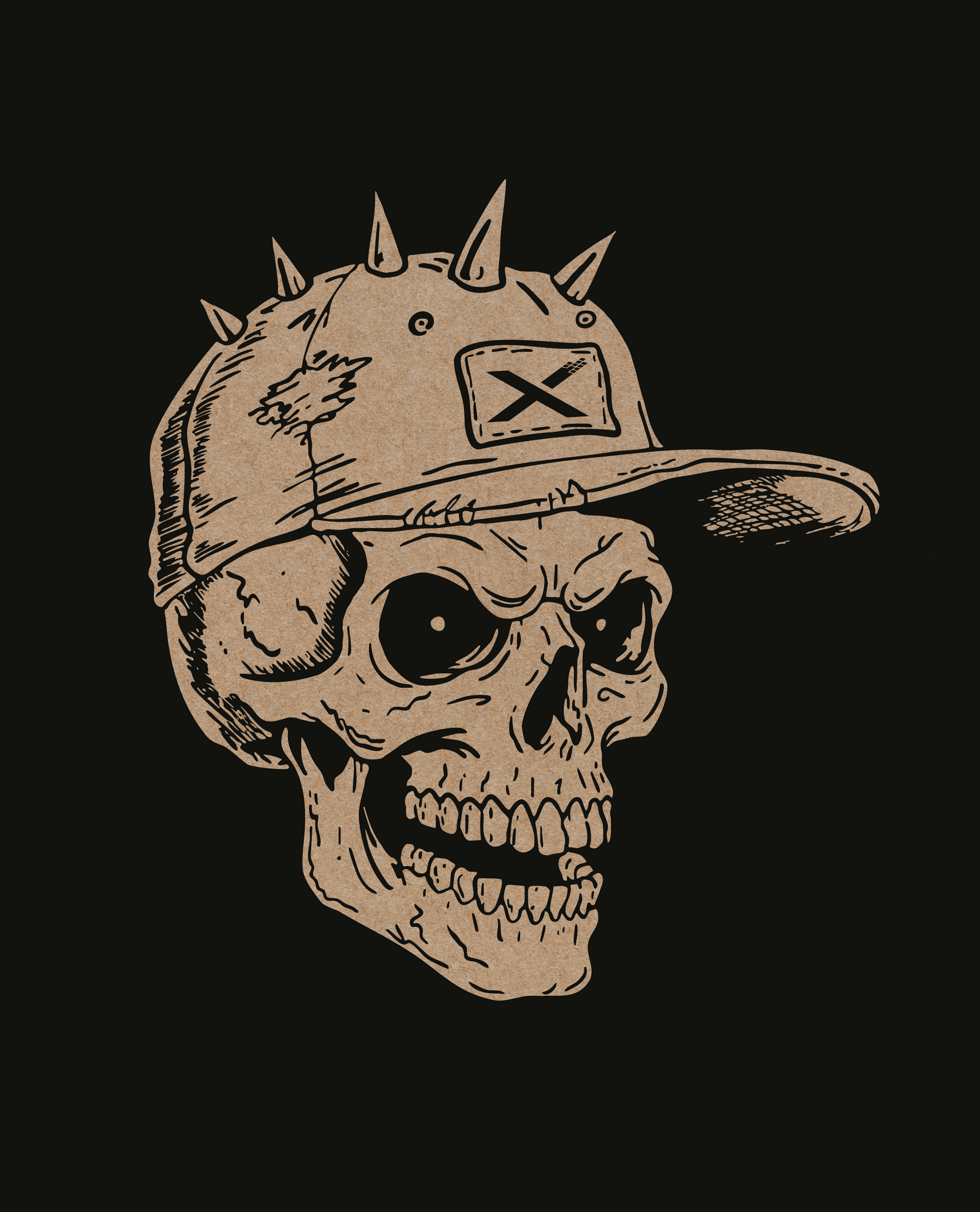Skull wearing a spiked cap with an 