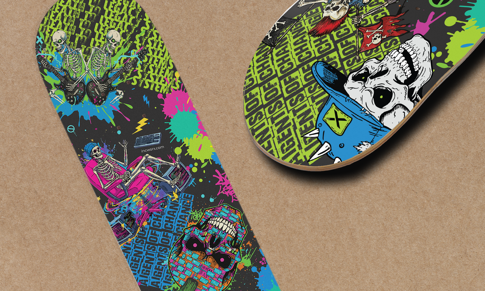 Two skateboards with colorful skull and graffiti art on a brown surface.