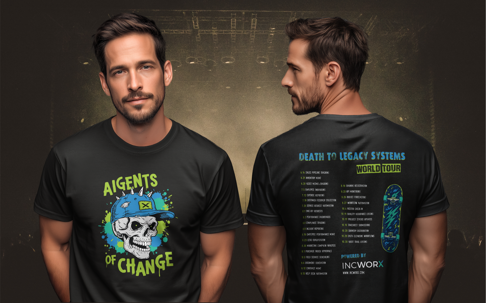 Man wearing black t-shirt with skull graphic, Agents of Change on front. Back features a set list and skateboard design.