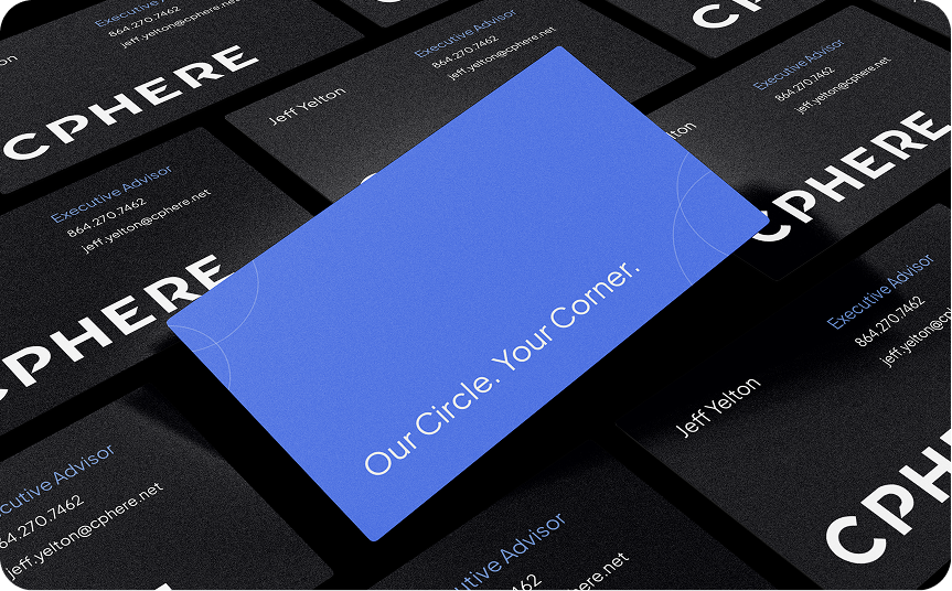 Blue business card on dark cards; 